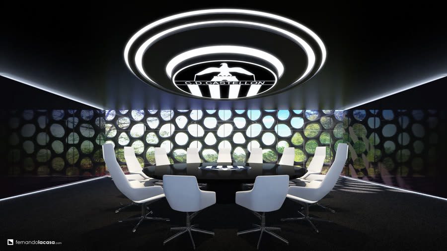 Dark executive boardroom with a circular illuminated ceiling feature bearing a club crest