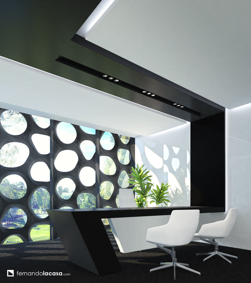 Office interior behind a perforated honeycomb façade overlooking the pitch