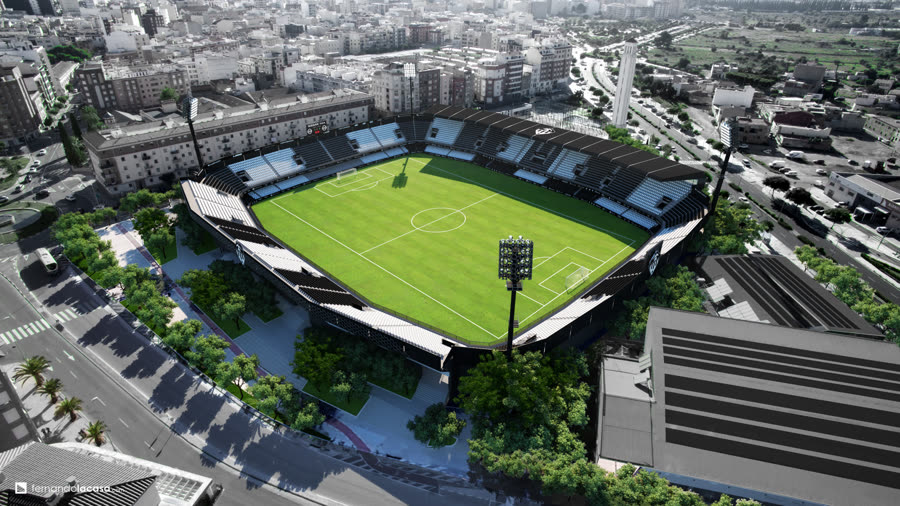 Aerial render of a renovated football stadium set within the city