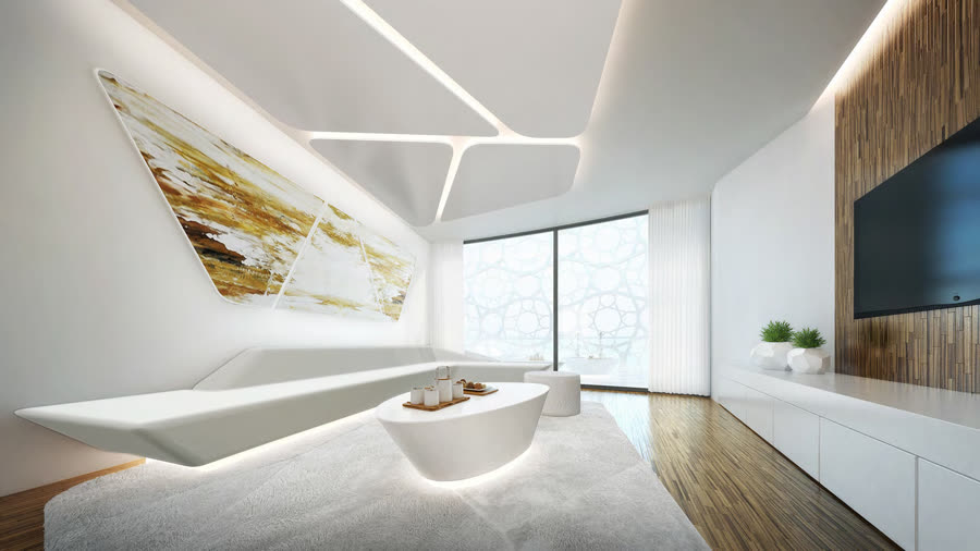 Sculptural white penthouse living room with abstract artwork and a geometric window screen