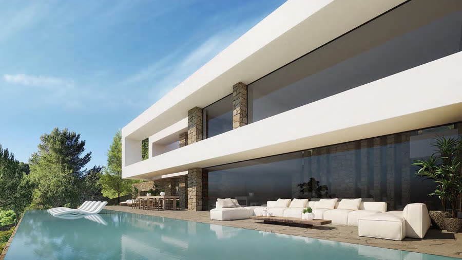 Infinity pool along the villa's edge with sculptural loungers and sea view