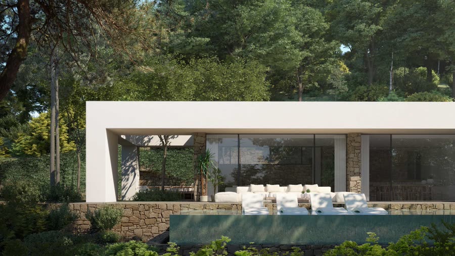 Villa terrace with outdoor lounge seating and dining area beside the pool