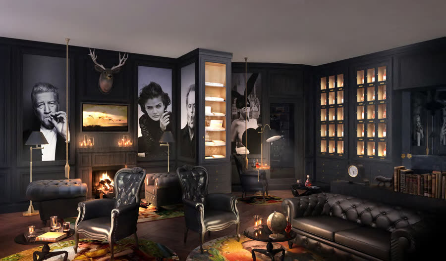 Moody private members' lounge with leather chairs, a fireplace and portrait artwork